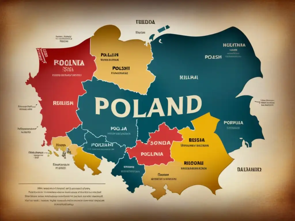 Un antiguo mapa detallado de Polonia con escudos de apellidos polacos, evocando historia y tradición