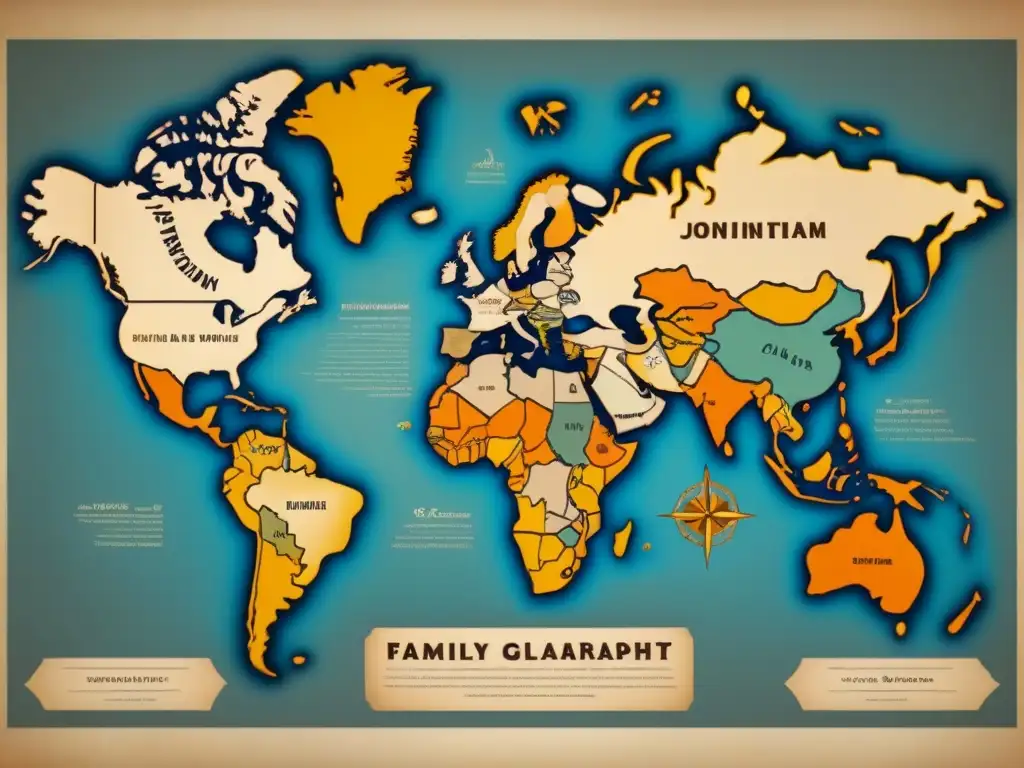 Un antiguo mapa detallado con escudos familiares entrelazados, simbolizando la evolución de apellidos y clases sociales