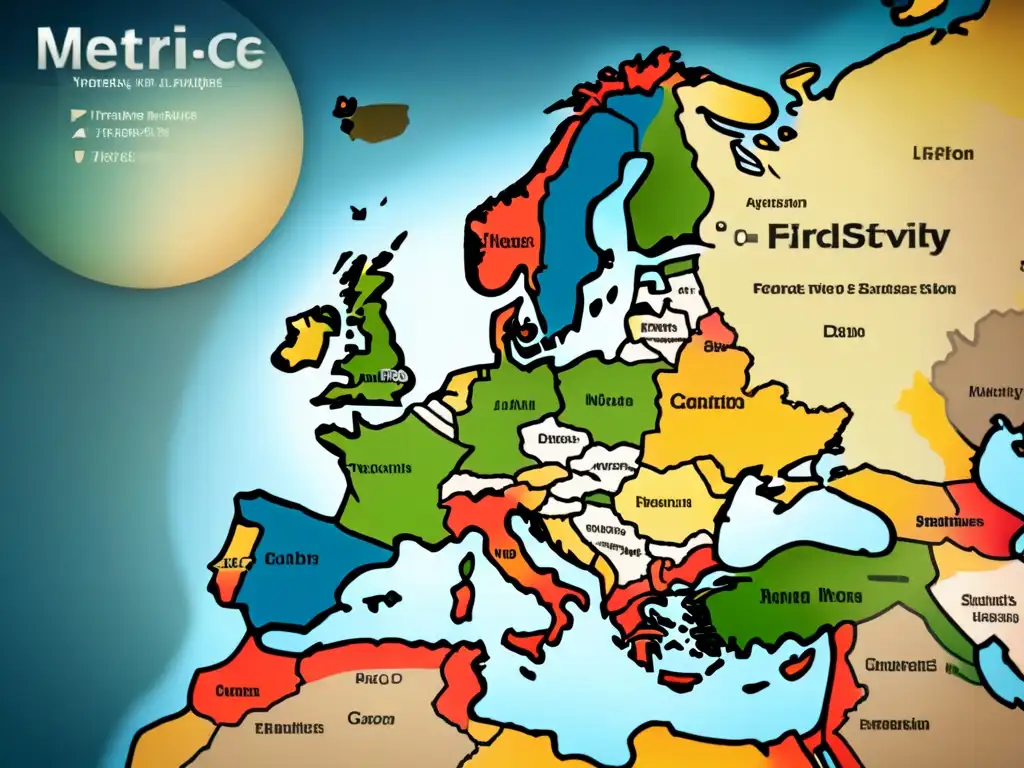 Antiguo mapa detallado de Europa con fronteras, monumentos y puntos históricos, colores desgastados y textura de papel envejecido