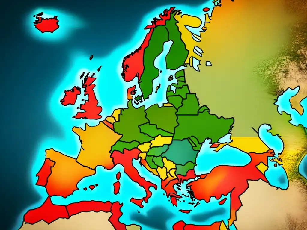 Un antiguo mapa detallado de Europa con fronteras y caligrafía elegante, desgastado por el tiempo