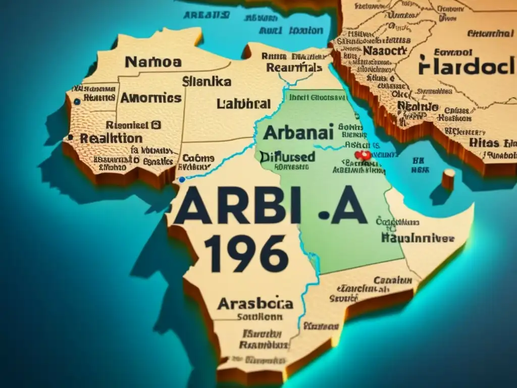 Un antiguo mapa detallado muestra la distribución geográfica de apellidos de influencia árabe en el norte de África, con caligrafía y patrones culturales