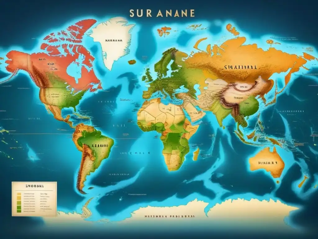 Un antiguo mapa detallado de la dispersión global de apellidos que comienzan con la letra 'T'