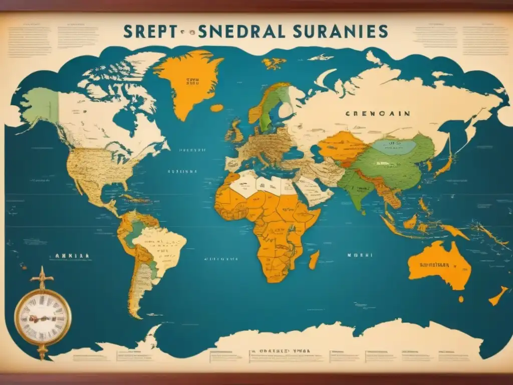 Un antiguo mapa detallado que muestra la historia del apellido Sunderland globalizado, con ilustraciones de barcos cruzando océanos y conectando países y continentes