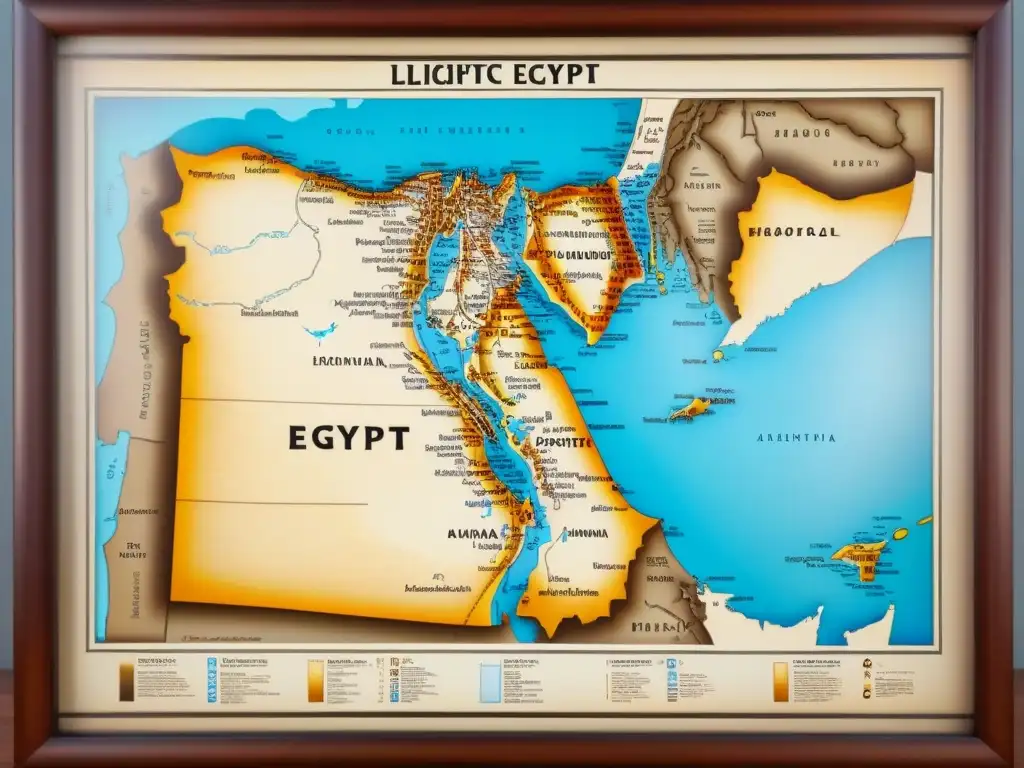 Antiguo mapa detallado de Egipto con la historia de apellidos de la minoría copta, elegantemente adornado