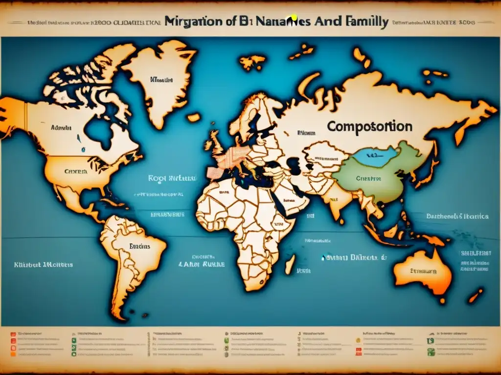 Un antiguo mapa detallado que muestra la historia de apellidos migración genealogía con líneas de tinta y caligrafía