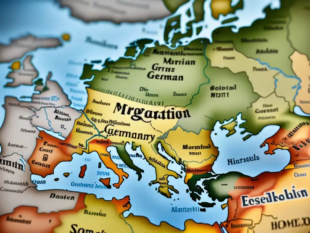 Un antiguo mapa detallado de Alemania con historias de apellidos alemanes, migraciones y conquistas, en caligrafía intrincada