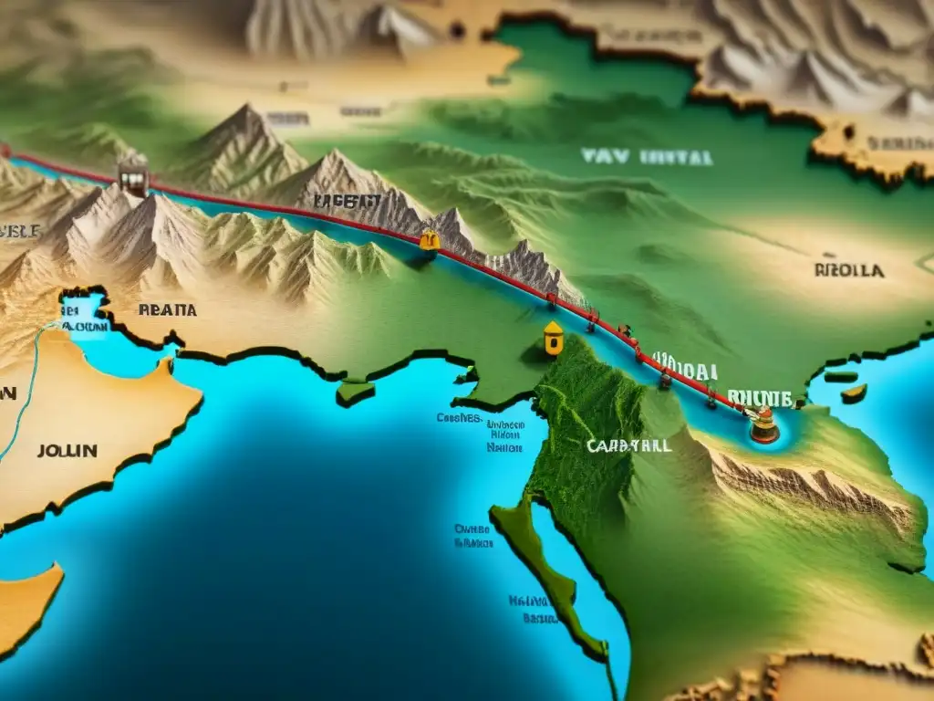 Un antiguo mapa detallado de la histórica Ruta de la Seda, con ilustraciones de caravanas, ciudades y paisajes a lo largo del viaje