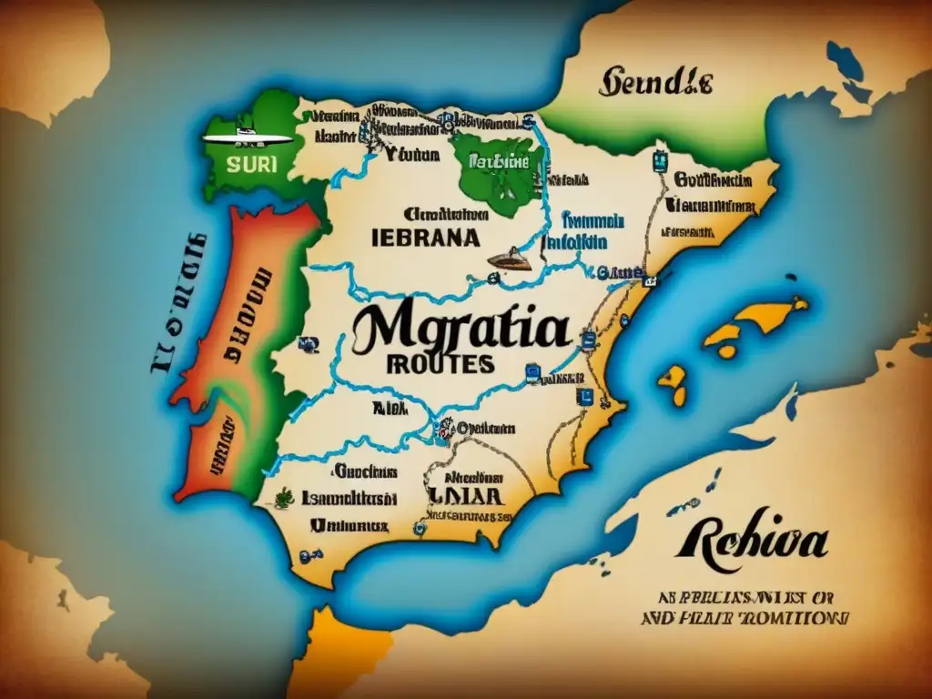 Un antiguo mapa detallado de la Península Ibérica con rutas migratorias y apellidos, en tonos sepia y aspecto académico