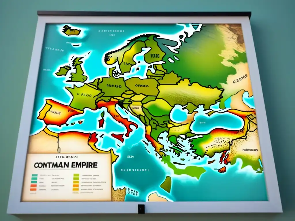 Un antiguo mapa detallado del Imperio Otomano en su apogeo, con fronteras intrincadas y nombres de ciudades en caligrafía, en tonos dorados y verde para evocar historia y riqueza cultural