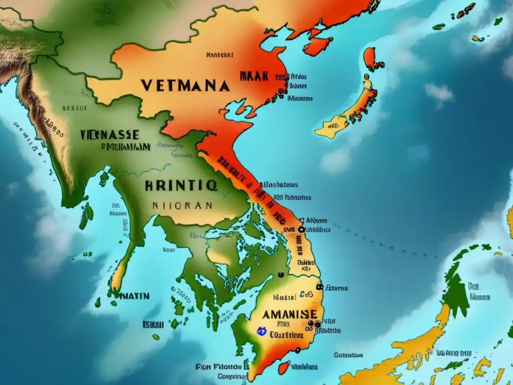 Un antiguo mapa detallado de Vietnam con influencias chinas en los apellidos, exudando historia y conexión cultural