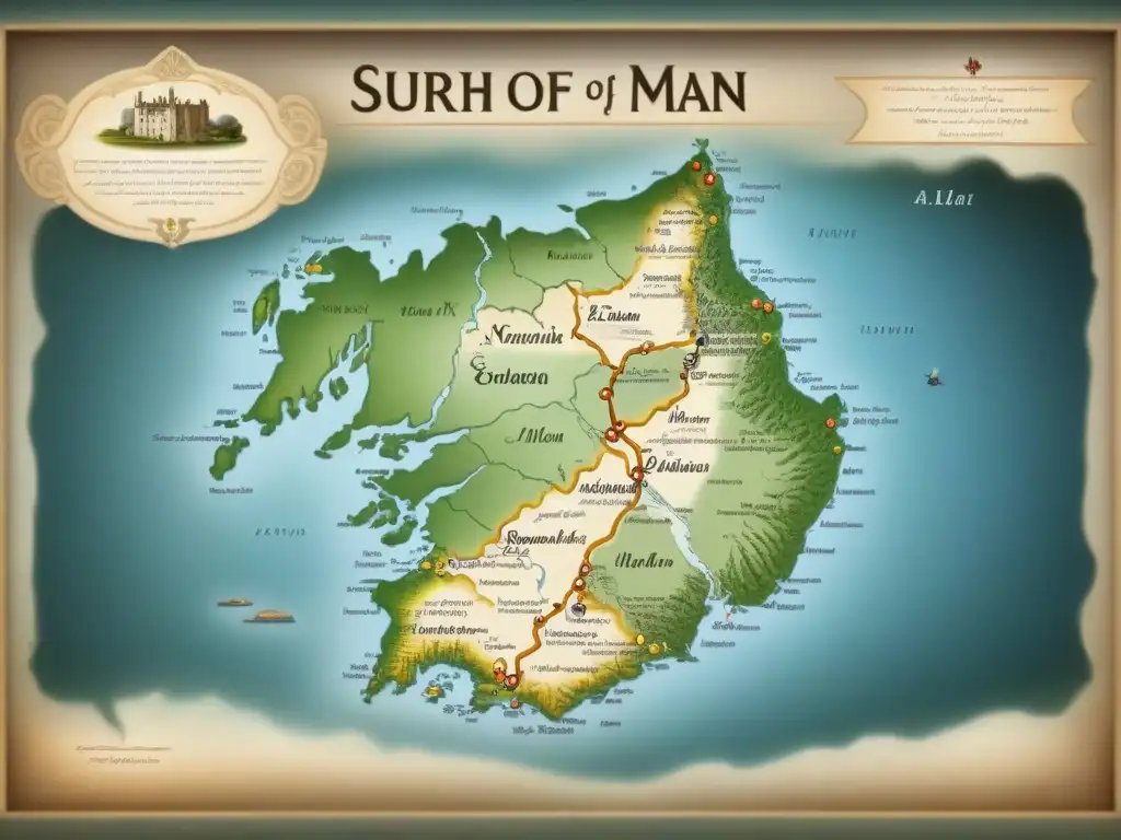 Un antiguo mapa detallado de la Isla de Man con árboles genealógicos que resaltan la historia de apellidos Norman en la isla