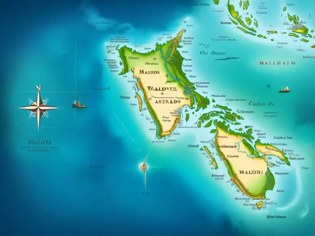 Un antiguo mapa detallado de las islas de Maldivas en tonos azules y verdes, con una rosa de los vientos y rutas de navegación