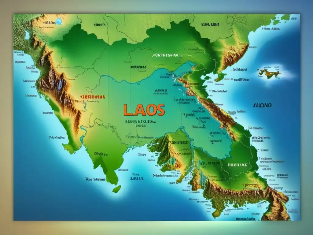 Un antiguo mapa detallado de Laos resaltando el origen y significado de apellidos, con notas de caligrafía desgastada