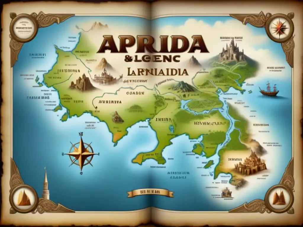 Un antiguo mapa detallado de Laprida, con tonos sepia y criaturas míticas como dragones y unicornios