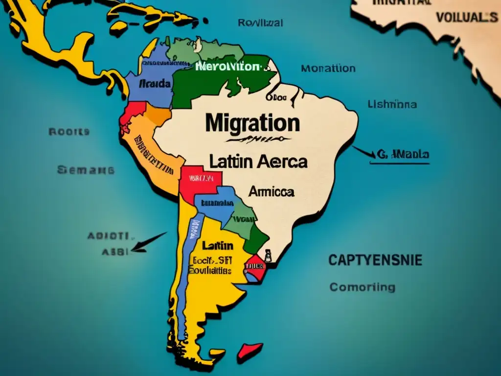 Un antiguo mapa detallado de América Latina con tonos sepia, lleno de símbolos culturales y rutas migratorias