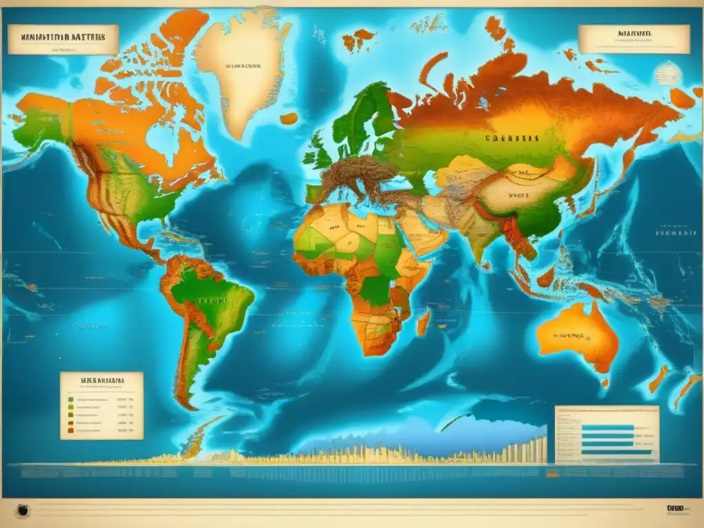 Un antiguo mapa detallado que muestra la migración de apellidos entre continentes, con ilustraciones de batallas y guerras