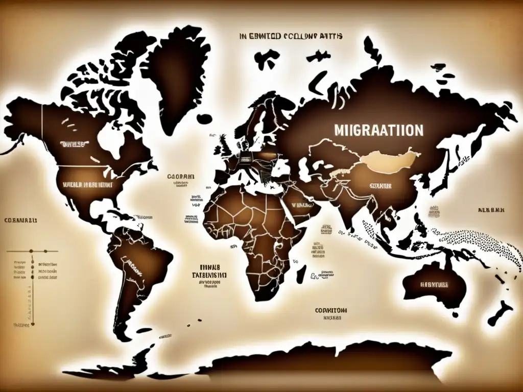 Un antiguo mapa detallado de migraciones con rutas y puntos clave en tonos sepia, trazando la evolución de apellidos