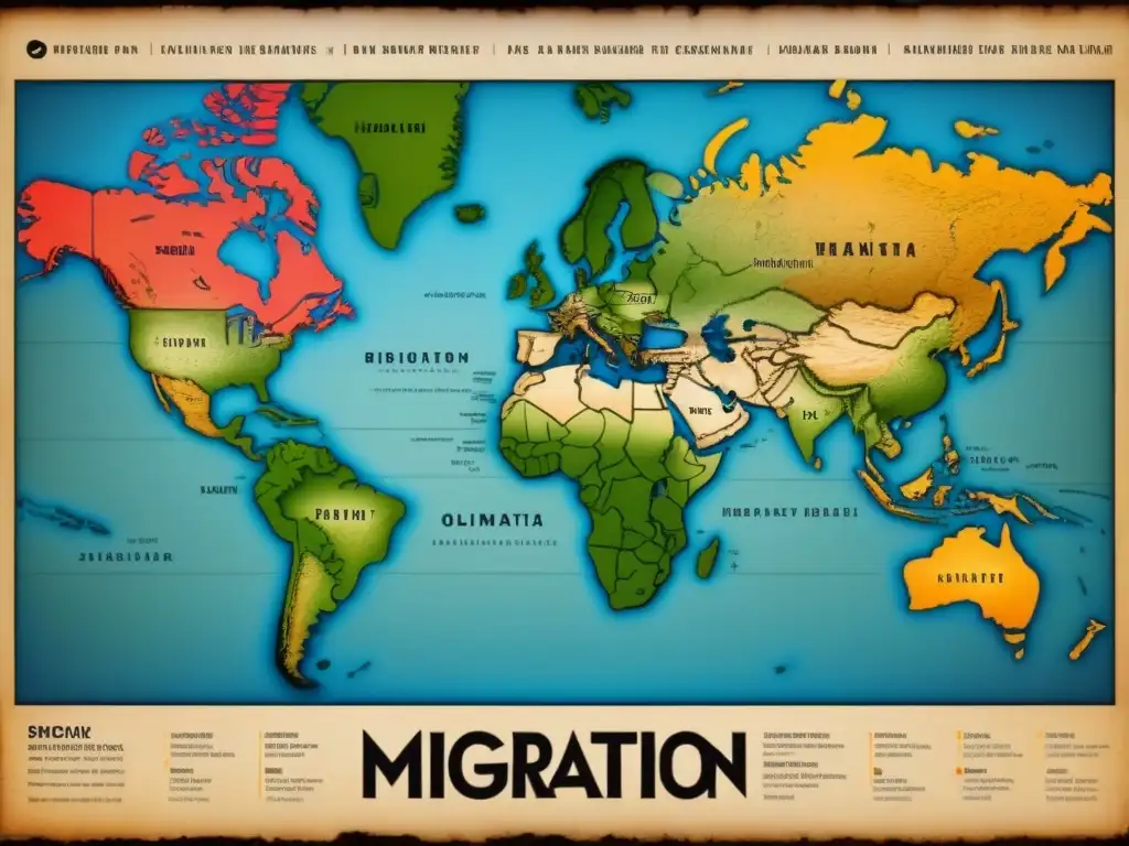 Un antiguo mapa detallado de migraciones con apellidos diversos de distintas regiones, añadiendo un toque histórico educativo