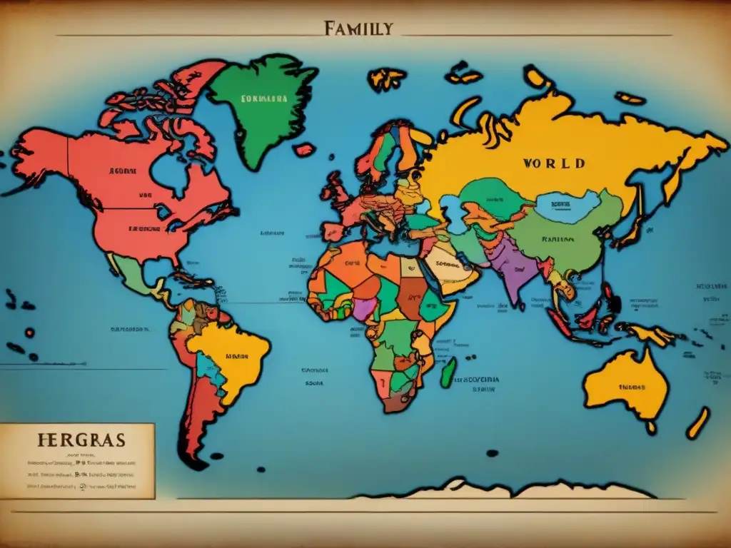 Un antiguo mapa detallado del mundo con escudos y emblemas familiares que representan diversas culturas