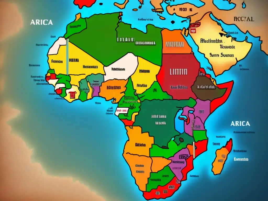 Un antiguo mapa detallado de África con nombres de apellidos africanos, en tonos terrosos desgastados