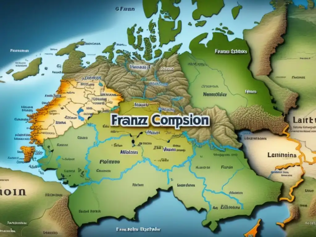 Un antiguo mapa detallado muestra el origen y dispersión del apellido Franz en Alemania y más allá, con desgaste histórico