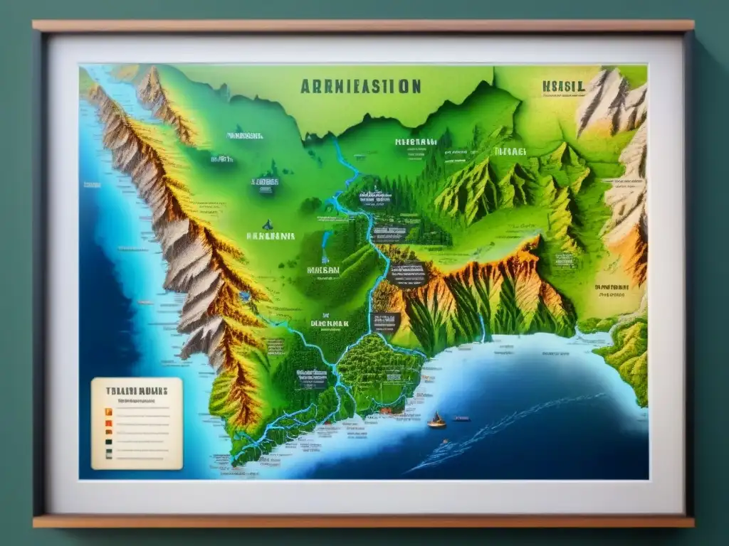 Un antiguo mapa detallado con paisajes intrincados y apellidos geográficos ocultos, mostrando la conexión entre la historia y la geografía