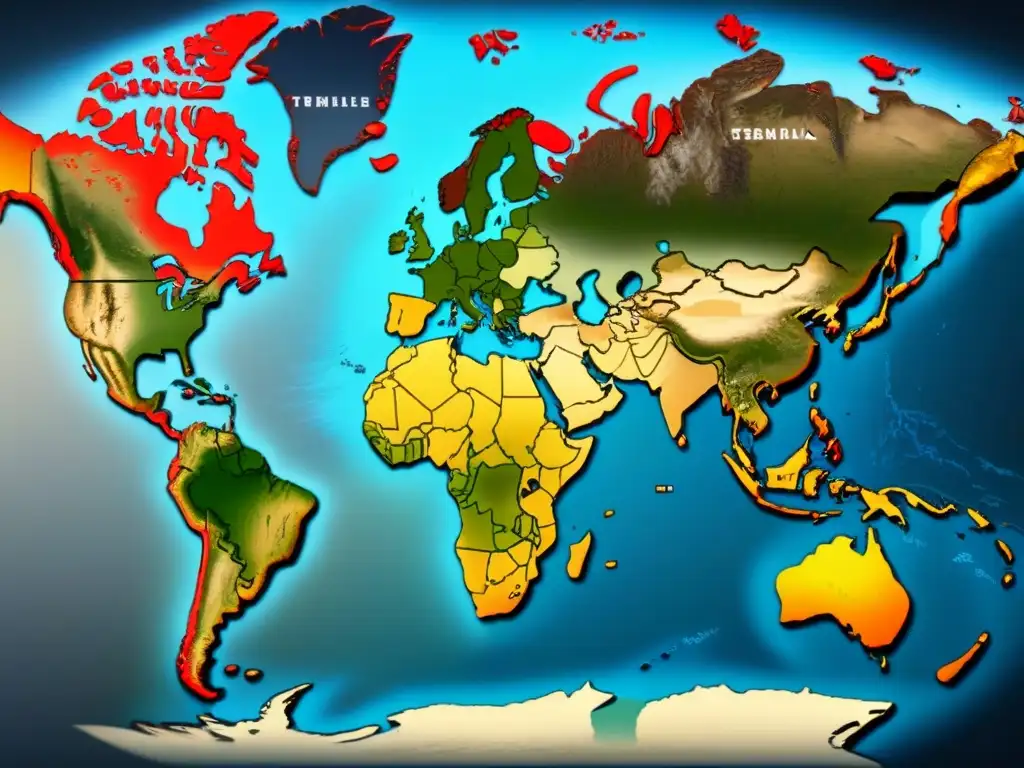 Un antiguo mapa detallado muestra patrones de migración global con una línea de tiempo resaltando eventos clave de la evolución de apellidos