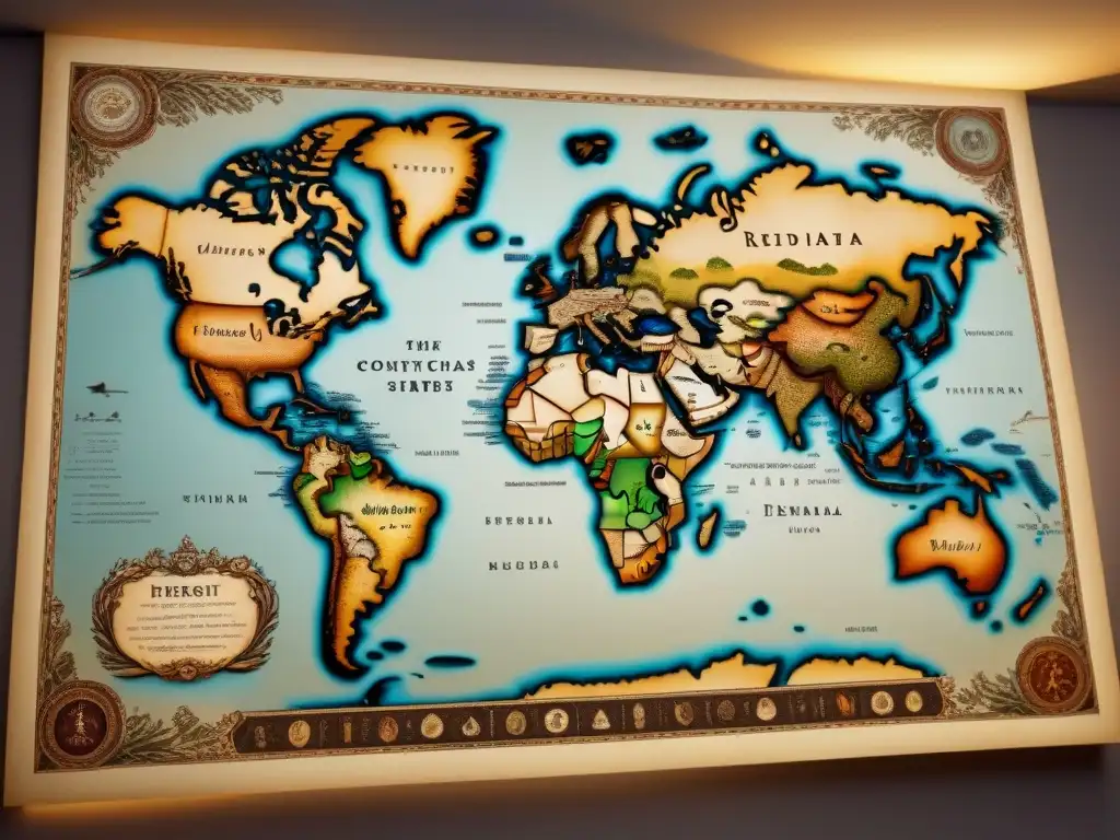 Un antiguo mapa detallado en sepia muestra las raíces culturales de diferentes países, con adornos florales y caligrafía elegante