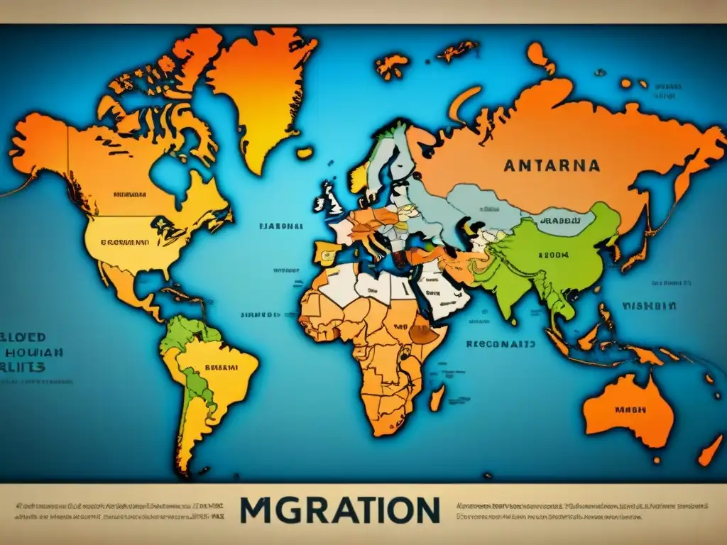 Un antiguo mapa detallado muestra rutas de migración con apellidos en sepia, destinos y orígenes en caligrafía