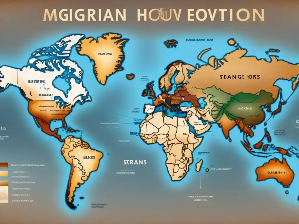 Un antiguo mapa detallado muestra rutas migratorias de poblaciones humanas tempranas, con marcadores genéticos y evolución de apellidos