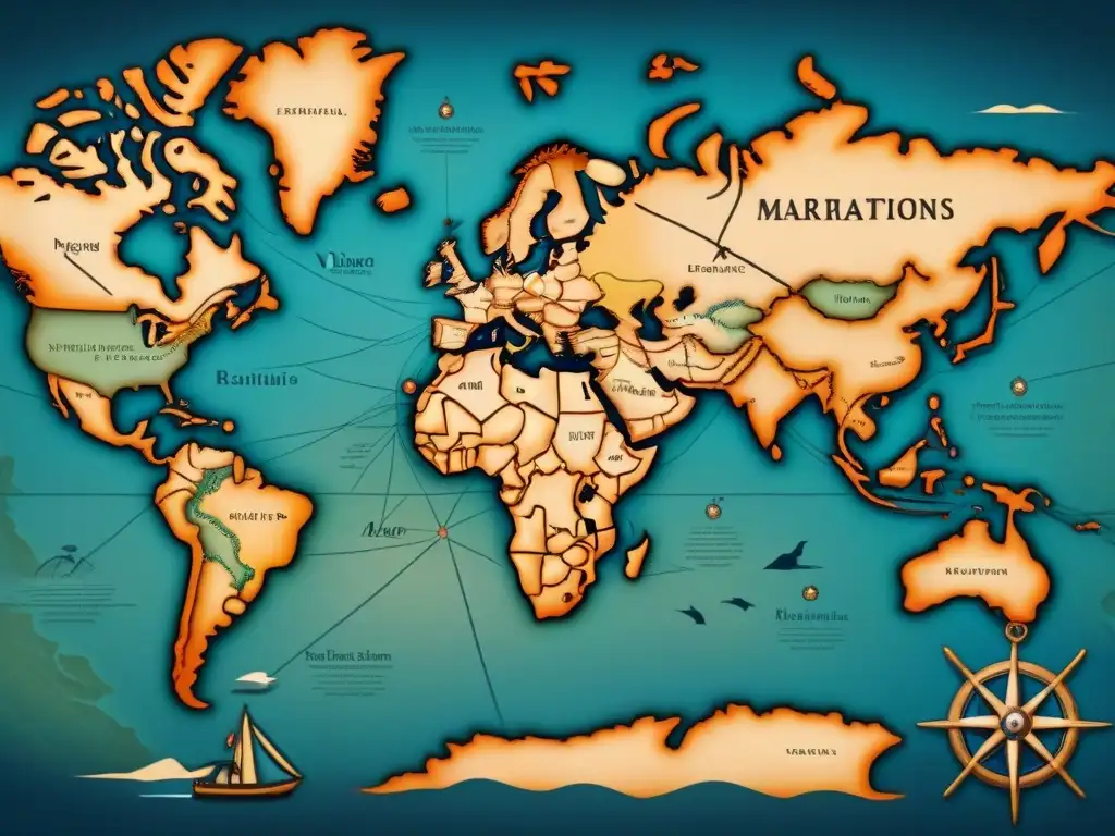 Antiguo mapa detallado de rutas migratorias marítimas históricas, con símbolos náuticos y barcos