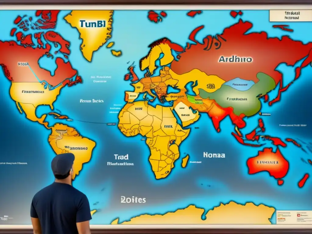 Un antiguo mapa detallado con rutas comerciales y intercambios culturales entre civilizaciones, con apellidos ancestrales en caligrafía elegante