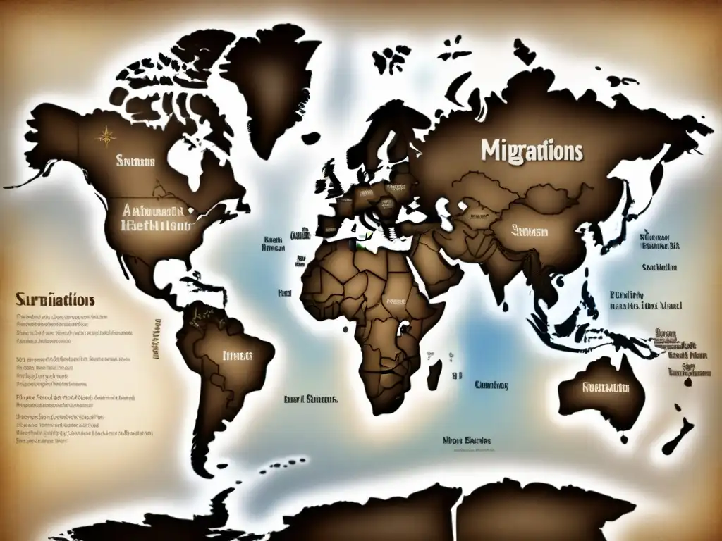 Un antiguo mapa detallado que muestra las rutas de migración de apellidos a través de continentes, evolución de apellidos migraciones