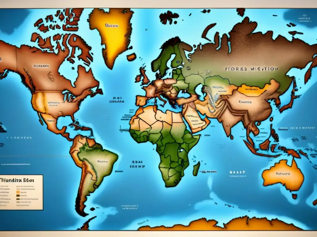 Un antiguo mapa detallado que muestra las rutas de migraciones forzadas, con tonos sepia y símbolos de viajes