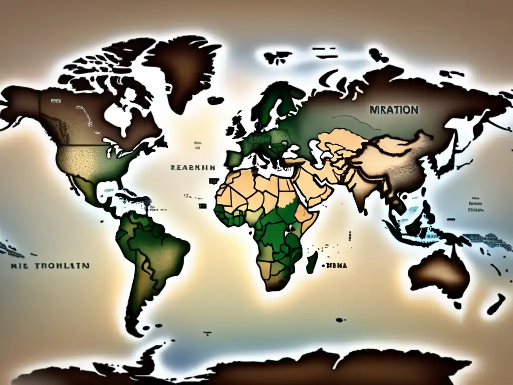 Un antiguo mapa detallado muestra las rutas migratorias de apellidos y linajes por continentes, en tonos sepia