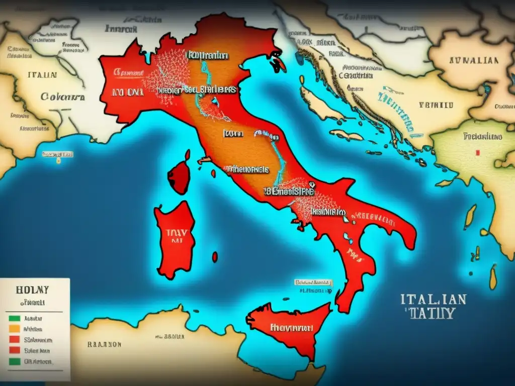 Antiguo mapa detallado de Italia con rutas migratorias de apellidos italianos, notas escritas a mano sobre Origen apellidos italianos en migraciones