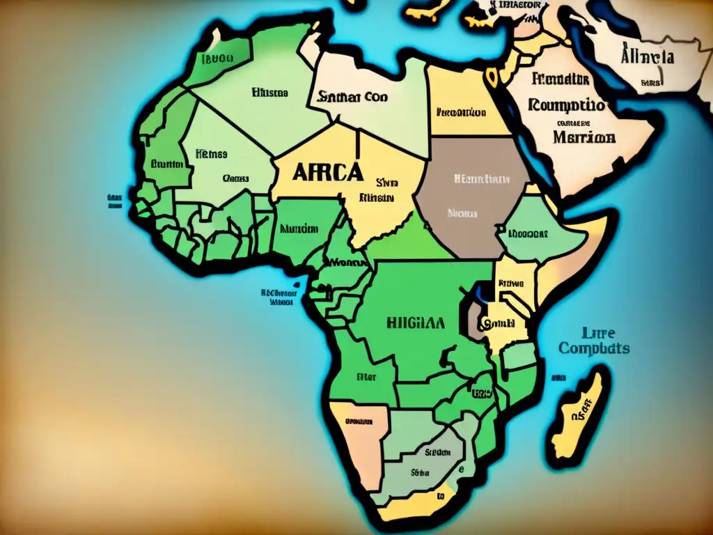 Un antiguo mapa detallado de África con rutas de migración ancestral y tribus históricas, evocando linajes perdidos y técnicas genealógicas en África