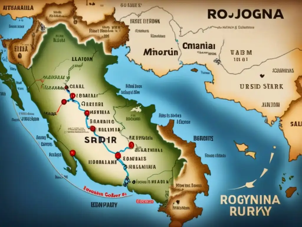 Un antiguo mapa detallado muestra las rutas migratorias de la comunidad Rohingya, resaltando lugares clave con tonos sepia