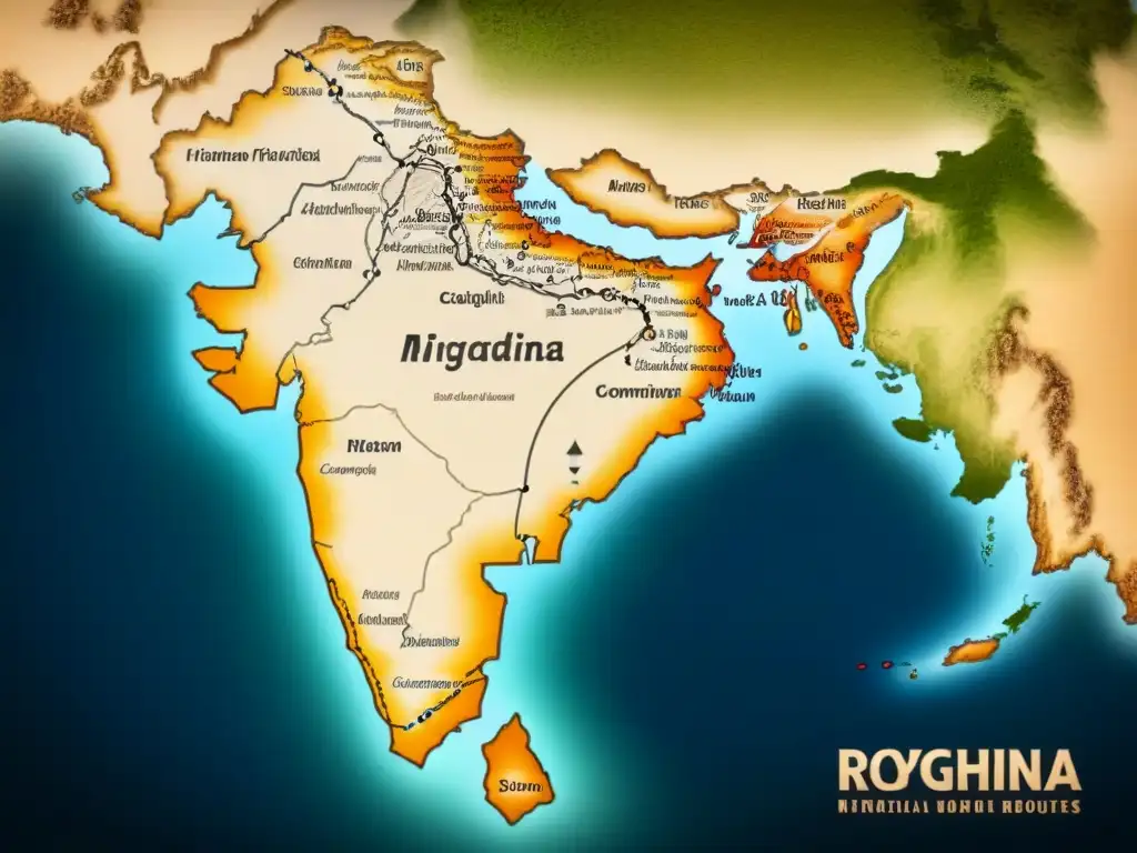 Un antiguo mapa detallado muestra las rutas migratorias históricas de la comunidad Rohingya en tonos sepia, con caligrafía delicada