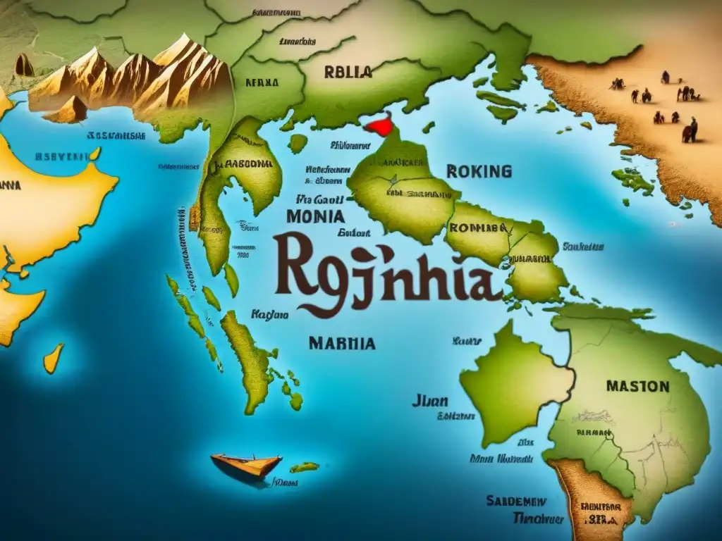 Un antiguo mapa detallado de las rutas migratorias y orígenes de apellidos Rohingya, con caligrafía desgastada y monumentos históricos, en tonos sepia