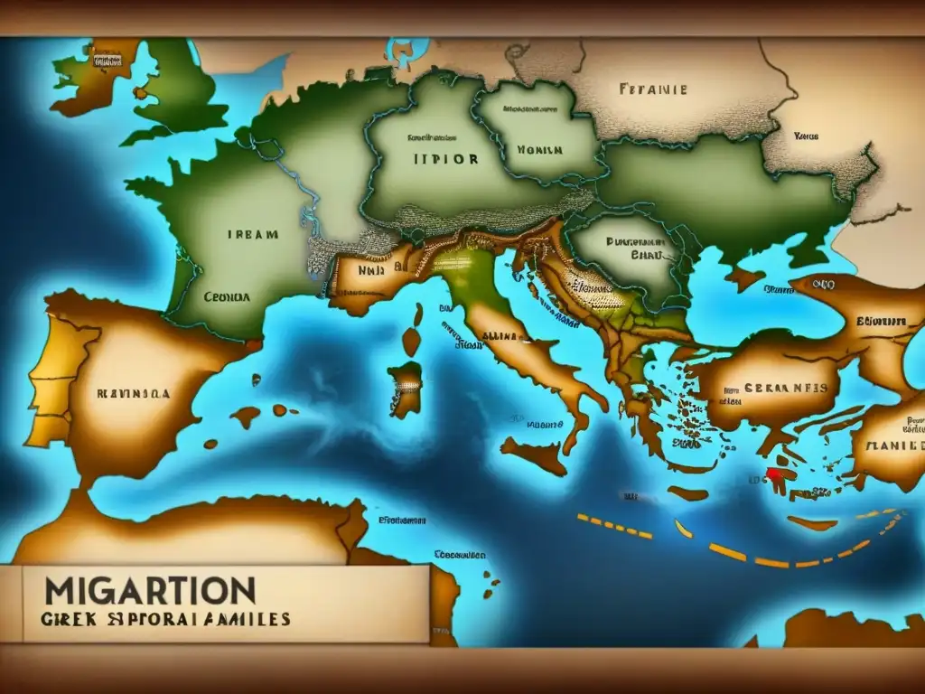 Un antiguo mapa detallado muestra las rutas migratorias de familias de la diáspora griega a lo largo de los siglos, con tonos sepia desvanecidos resaltando ubicaciones clave y orígenes de apellidos familiares