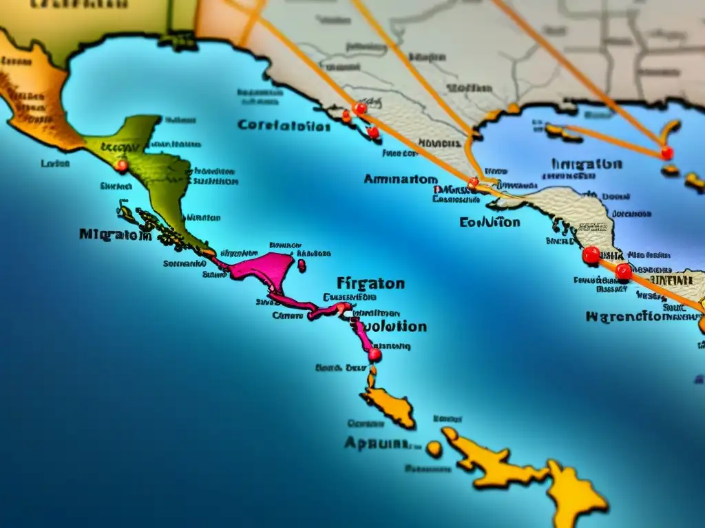 Un antiguo mapa detallado muestra rutas de migración y líneas de evolución lingüística, conectando historia de apellidos, migración, cultura y lenguaje