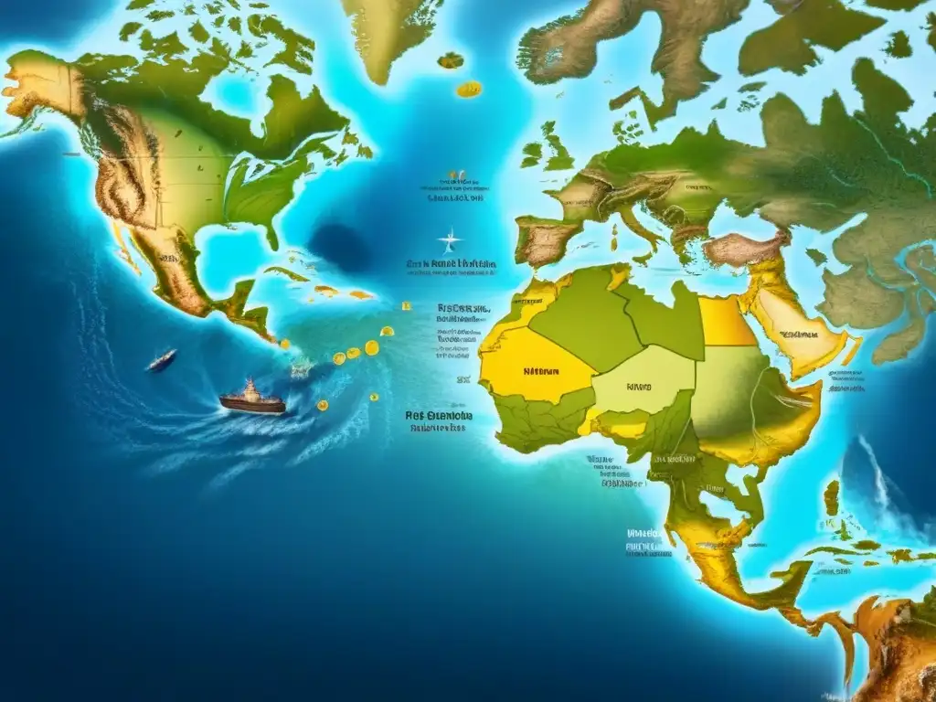 Un antiguo mapa detallado con rutas migratorias y transformación de apellidos al cruzar continentes