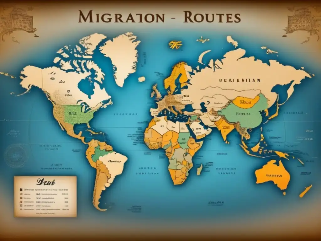 Un antiguo mapa detallado de rutas migratorias de apellidos, resaltando la resiliencia lingüística en contextos de migración