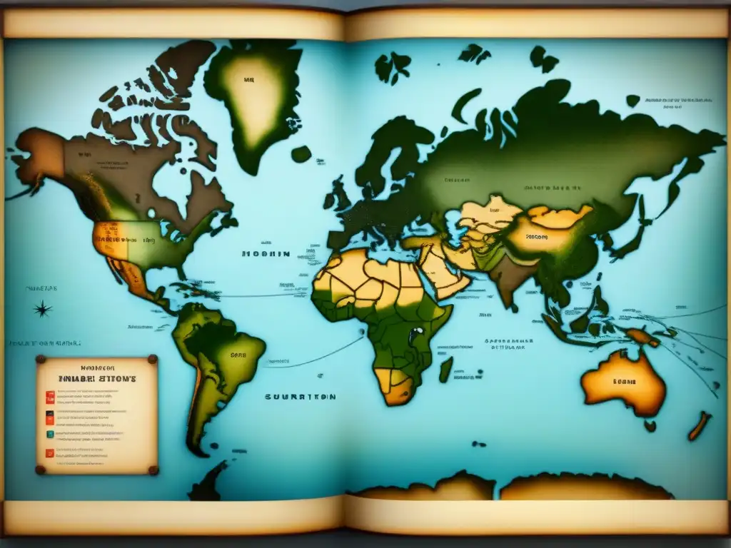 Un antiguo mapa detallado con rutas migratorias de colonos, desgastado por el tiempo, evocando la evolución de apellidos en nuevas tierras