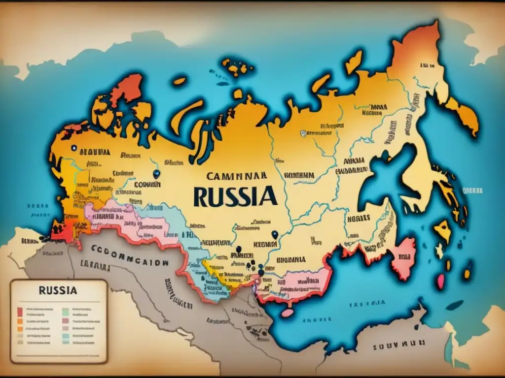 Un antiguo mapa detallado de Rusia con rutas migratorias, ciudades clave y paisajes