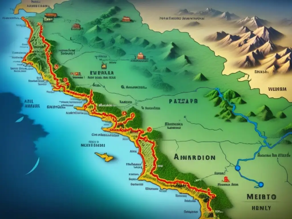 Un antiguo mapa detallado de las rutas de la familia Pizarro durante sus conquistas, con ilustraciones de paisajes y personas indígenas