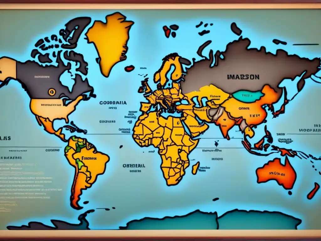 Un antiguo mapa detallado muestra rutas migratorias con líneas intrincadas entre países y continentes