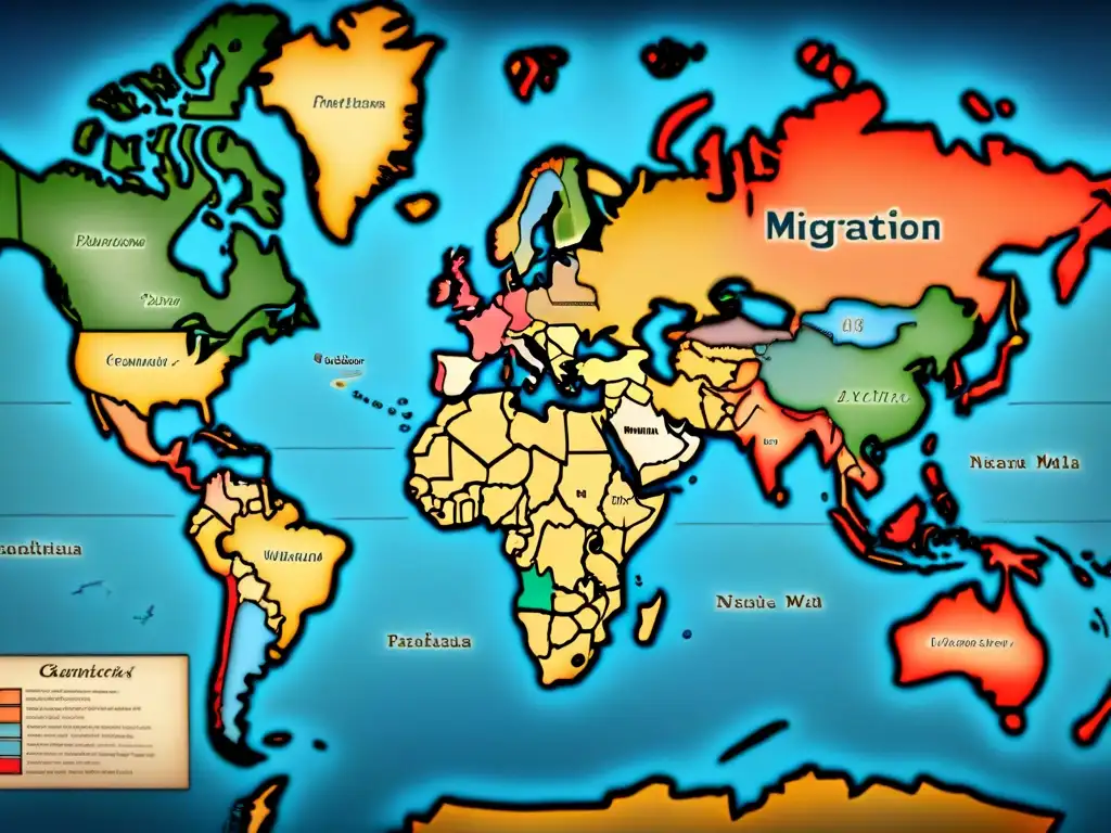 Un antiguo mapa detallado de rutas migratorias de apellidos de Europa a América, con ilustraciones de barcos y caravanas desgastadas