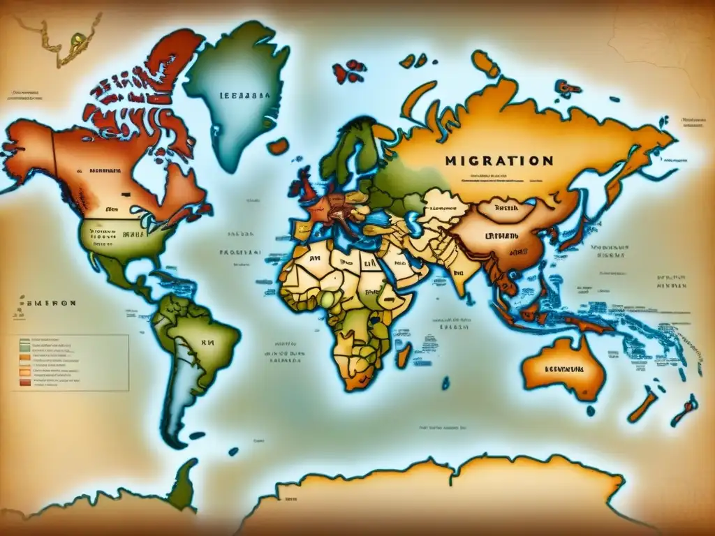 Un antiguo mapa detallado que muestra rutas de migración de familias exiliadas, con tonos sepia y detalles de genealogía